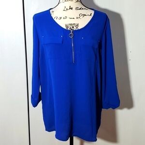 Cathy- Womens Royal blue Top Gold zipper front Pockets Roll tab sleeves Sz.XL